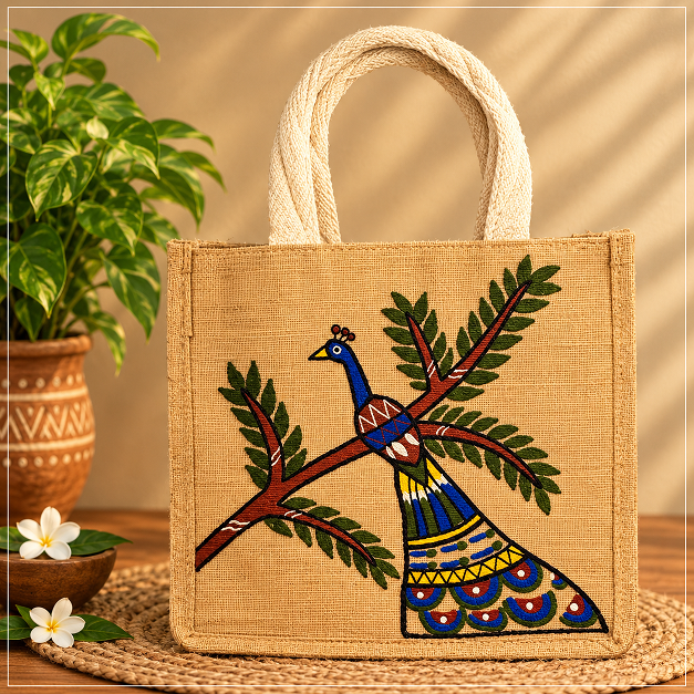 Hand-Painted Peacock Natural Jute Tote Bag