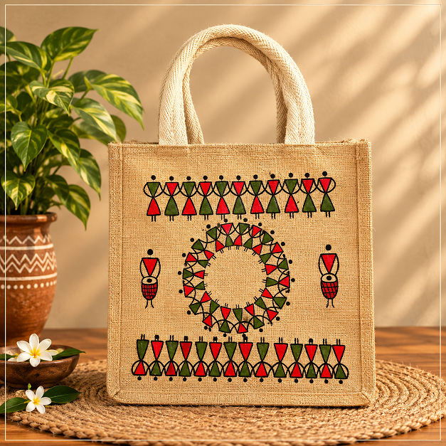 Hand-Painted Warli theme Natural Jute Tote Bag
