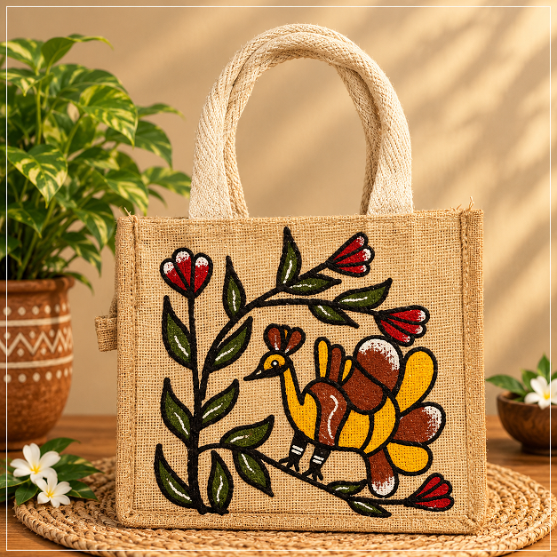 Hand-Painted Sohrai Art Natural Jute Tote Bag